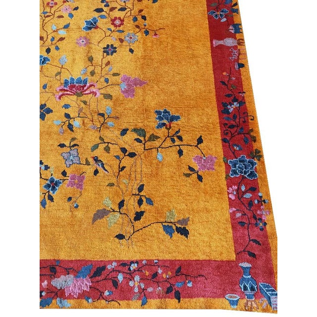 1920s Canary Yellow Floral Sprays Antique Chinese Art Deco Carpet 6'2" X 8'8" Knotted Wool Rug For Sale In New York - Image 6 of 9