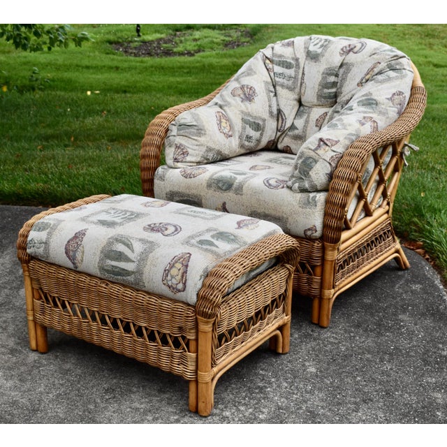 Wood Braxton Culler Rattan Wicker Lounge Accent Chair & Ottoman Set Coastal Boho For Sale - Image 7 of 16