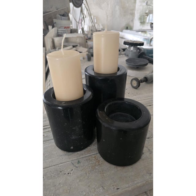 Modern Vintage Candleholders in Black Marquinia Marble, Set of 3 For Sale - Image 3 of 6