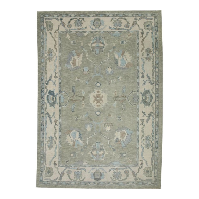 Early 21st Century Green Floral Design Handwoven Wool Turkish Oushak Rug 6'3" X 8'11" For Sale