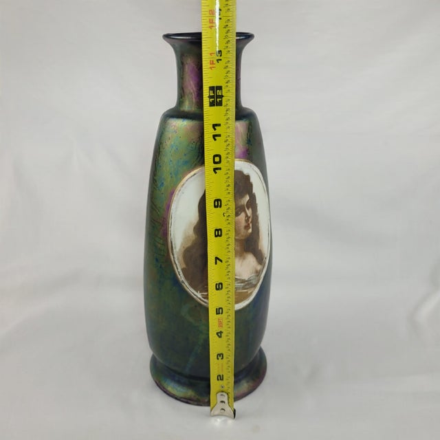Antique Iridescent Art Glass Vase Victorian Portrait Oil Slick Finish 13.5in For Sale - Image 6 of 10