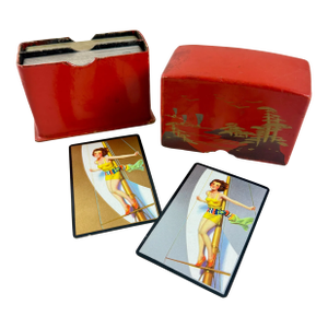 1920s Japanese Lacquered Paper Mache Boxed Pin-Up Card Set