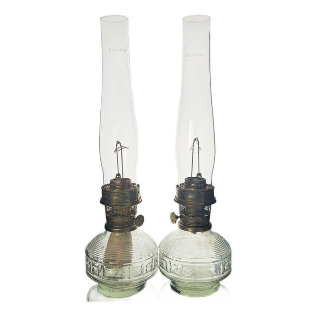 Aladdin Model 23 Glass & Brass Oil Lamps – Pair With Original Chimneys For Sale