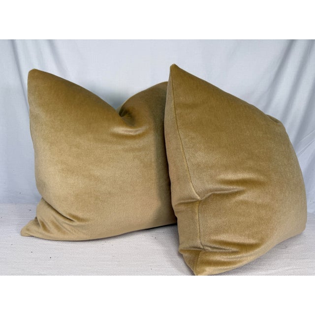 Custom pair of 22" pillows covered in Brunschwig & Fils "Autun Mohair" in color lichen, a greenish yellow. These pillows...