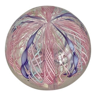 Late 20th Century Murano Style Pink and Lavender Latticino Ribbon Glass Paperweight For Sale