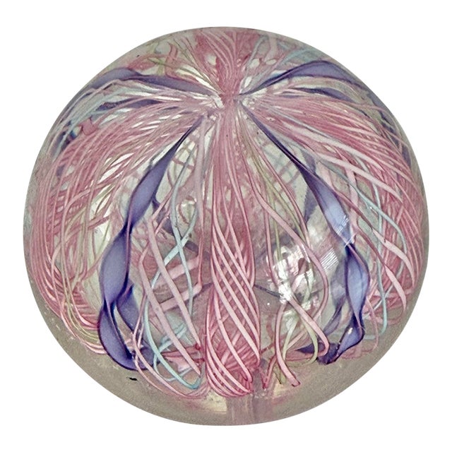 Late 20th Century Murano Style Pink and Lavender Latticino Ribbon Glass Paperweight For Sale