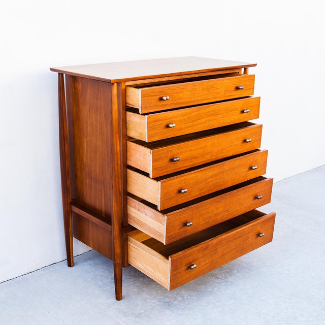 Restored 1950s Mount Airy Walnut & Brass Sculptural Mid Century Highboy Dresser, Attributed For Sale - Image 10 of 14