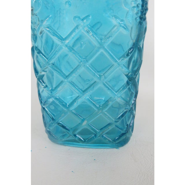 Blue Blue Squared Glass Bottle Embossed Carafe With Grapes Lattice Vase 4801b For Sale - Image 8 of 14