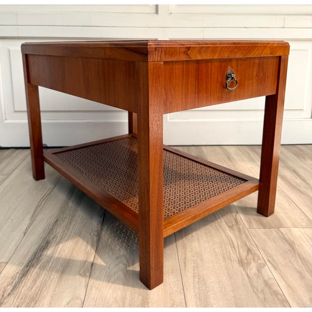 Mid-Century Modern 1960s Walnut-Toned Side Table With Geometric Openwork Shelf For Sale - Image 3 of 14