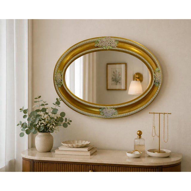 2000 - 2009 Italian Oval Wall Mirror with Gold Leaf Finish and Capodimonte Porcelain Flowers from Giulio Tucci, 2008 For Sale - Image 5 of 6