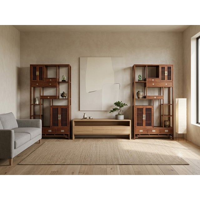 Pair Asian Inspired Asymmetrical Light Brown Shelving Display Cabinet Divider For Sale - Image 13 of 13