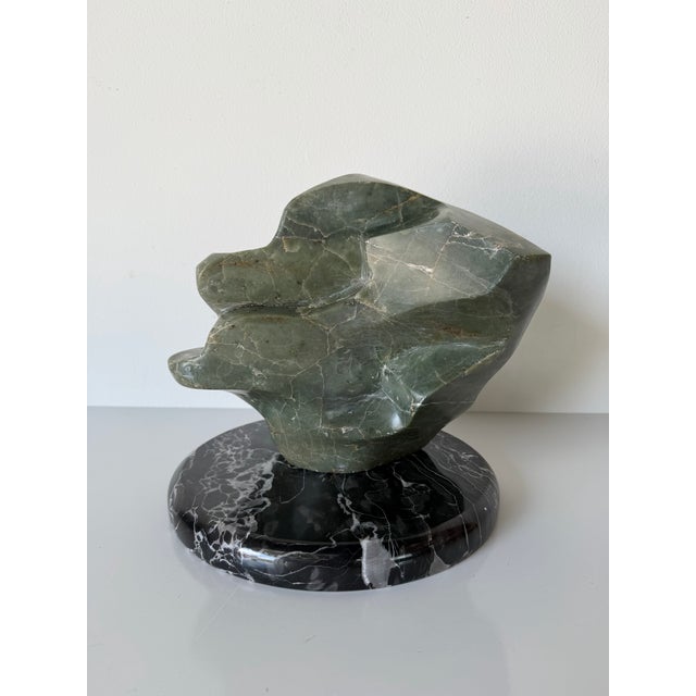 Mid-Century Modern 1980’s Vintage Carved Green Marble Abstract Sculpture on Black Marble Base, Unsigned For Sale - Image 3 of 12
