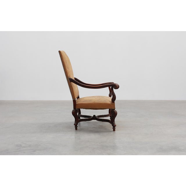 Carved Walnut Armchair with Scrolling and Tapestry Upholstery, France, 1800 For Sale - Image 4 of 16