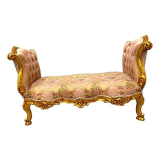 Versailles Garden Bench – Hand-Gilded Rococo Frame With Blush Pink Floral Damask Upholstery For Sale