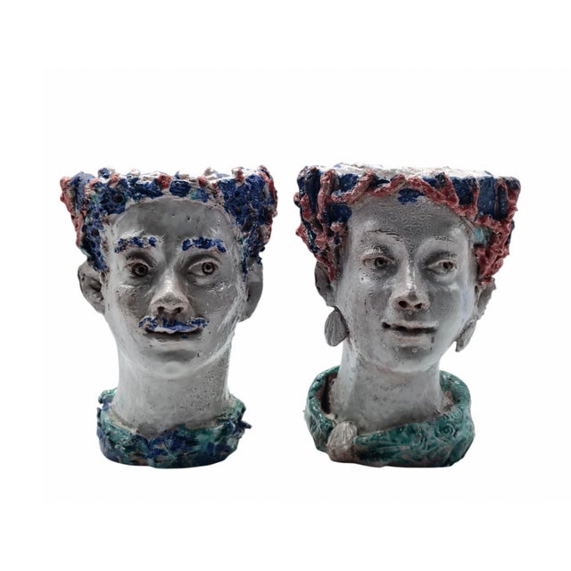 Handcrafted Ceramic Planters in the shape of Heads, Italy, 1950s, Set of 2 For Sale - Image 15 of 15