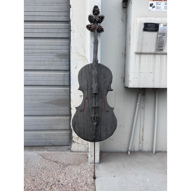 Large 67" Hand-Carved Wooden Cello Sculpture With Pinecone Tuning Pegs – Folk Art For Sale - Image 12 of 16