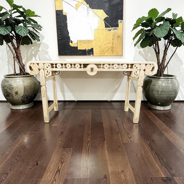 Chinoiserie 64" Asian Modern Chinoiserie Cream Lacquer Console Table For Sale - Image 3 of 14