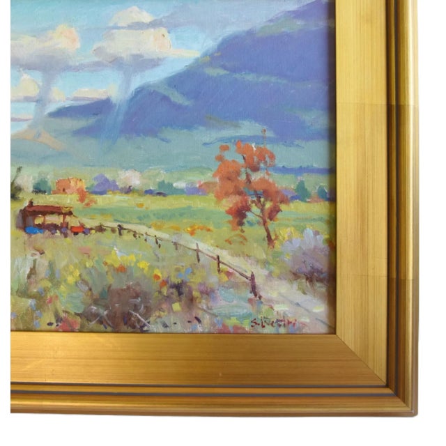 Mountain & meadow landscape painting on artist canvas panel by listed artist Silvio Silvestri (1948-2018.) Silvestri was a...