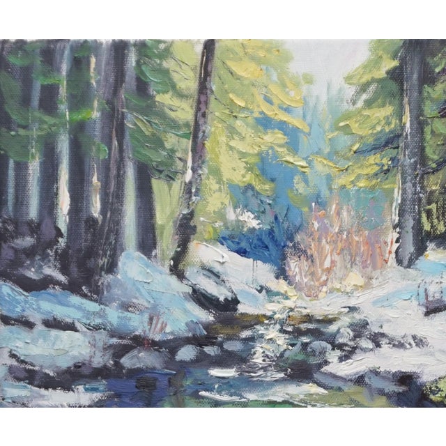 Impressionist Original Oil Landscape, a Winter Stream in the Woods For Sale - Image 3 of 5