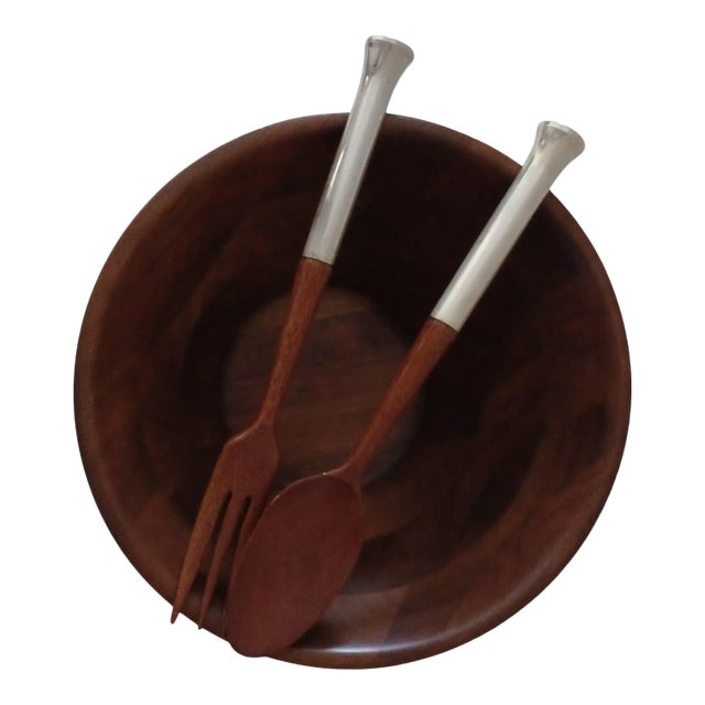 Mid-Century Modern Vintage Wood & Gorham Sterling Silver Salad Serving Set- 3 Pieces For Sale