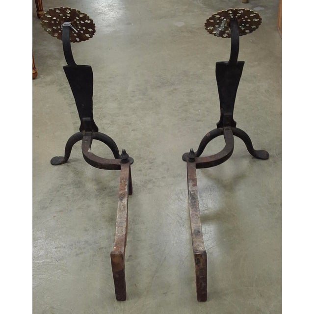 Pair Late 19th C. McKinney Hammered Iron and Brass Medallion Andirons For Sale In Washington DC - Image 6 of 10