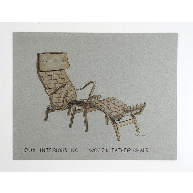 Mid 20th century watercolor and ink drawing on gray paper of Bruno Mathsson wood and leather chair. Signed J. Martin, mid...