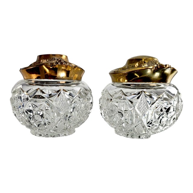 Crystal Glass & Gilded Copper Lid Dresser Jar Matched Pair 4.5" For Sale