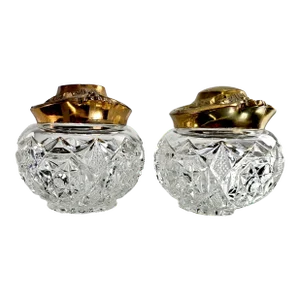 Crystal Glass & Gilded Copper Lid Dresser Jar Matched Pair 4.5"