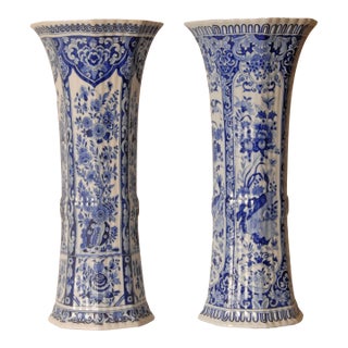 Antique Pair of Delft Blue & White Trumpet Vases For Sale