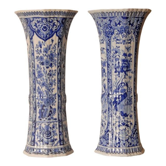 Antique Pair of Delft Blue & White Trumpet Vases For Sale