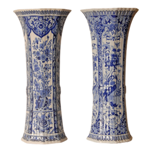 Antique Pair of Delft Blue & White Trumpet Vases