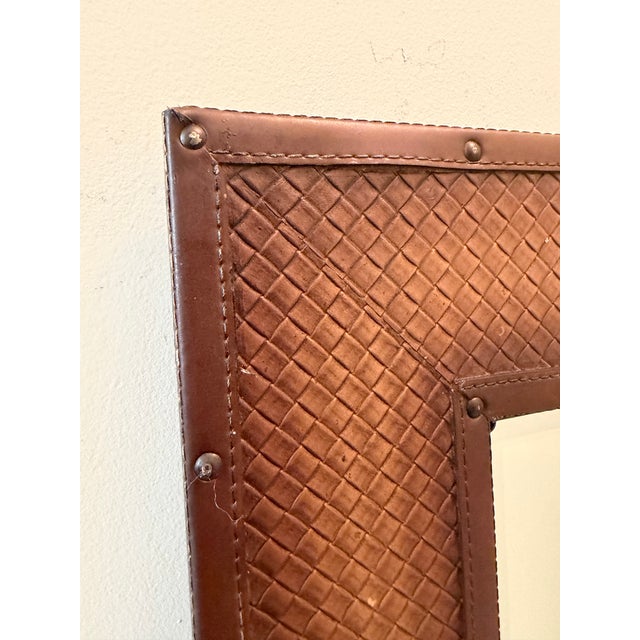 Ralph Lauren Home Vintage Ralph Lauren Style Equestrian Cognac Leather Beveled Mirror With Basketweave & Nailhead Detail For Sale - Image 4 of 9