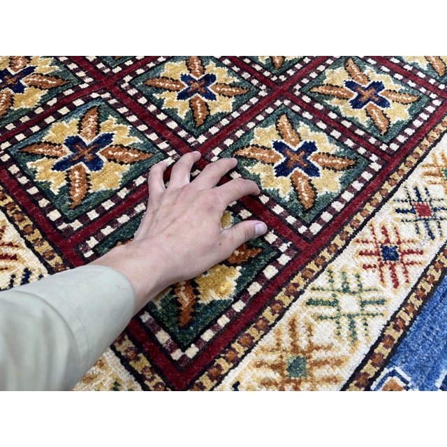 Pictorial Sultani Wool Rug With Horse Border, Blue and Cream, 4'11" X 6'7" For Sale - Image 10 of 15