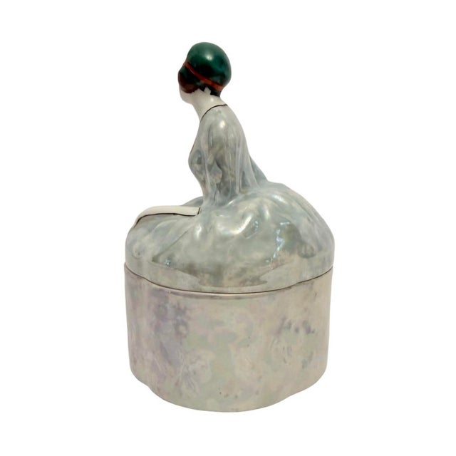 Art Deco 1930’s Noritake Lusterware Art Deco Lady Powder Box Vanity Dresser Jar (A-17). For Sale - Image 3 of 10