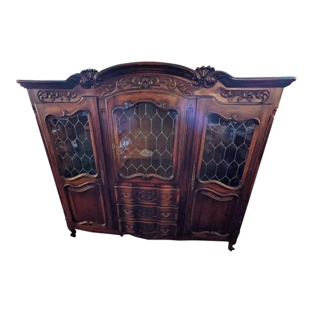 Early 20th Century Vintage French Lighted Shelved Display Cabinet Case With Carved Wood Drawers For Sale