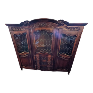 Early 20th Century Vintage French Lighted Shelved Display Cabinet Case With Carved Wood Drawers