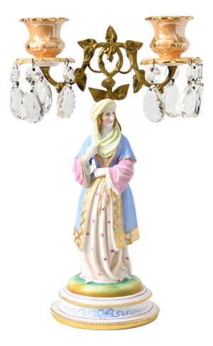 Antique Figural Porcelain and Crystal Candleholder, 1900s