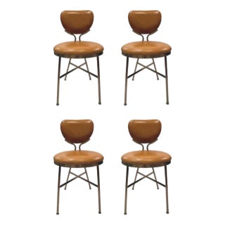 Revelation Mid-Century Modern Style Caramel Perch Leather Dining Chairs Set of 4 For Sale