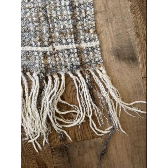 Handwoven Wool Fiber Art Throw Blanket Gray Cream Chunky Fringe Boho Textile For Sale - Image 4 of 6
