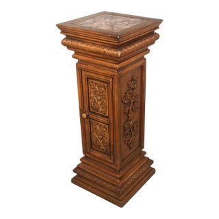 Vintage Carved Wooden Display Pedestal With Interior Cabinet For Sale