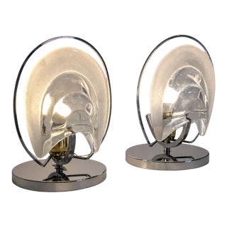 1970s Italian Mazzega Style Chrome and Murano Glass Table Lamps - Pair For Sale