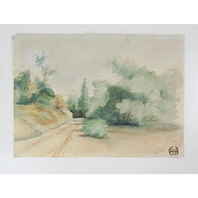 Small antique watercolor on paper painting. Impressionist tree lined country road landscape. Signed with initials and...