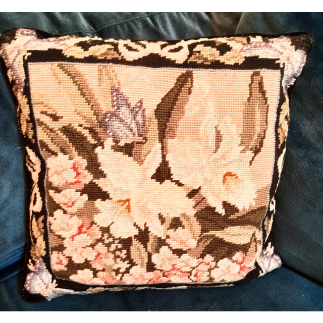 Textile Ribbon Butterfly Floral Needlepoint Pillow For Sale - Image 7 of 10