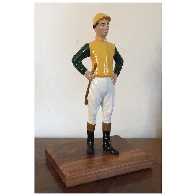 Iron Desk Top Statue of a Horse Jockey Dressed in Silks, Cap, Jodhpurs, Boots and Carrying a Riding Crop Mounted on Mahogany Base Door Stop For Sale - Image 10 of 10