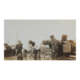 Early 20th Century Road Trip Changing Tire Snapshot Photograph For Sale