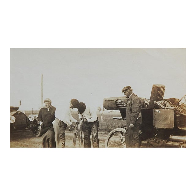 Early 20th Century Road Trip Changing Tire Snapshot Photograph For Sale
