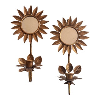 Vintage Tole Sunflower Motif Mirrored Candle Wall Sconces - A Pair For Sale