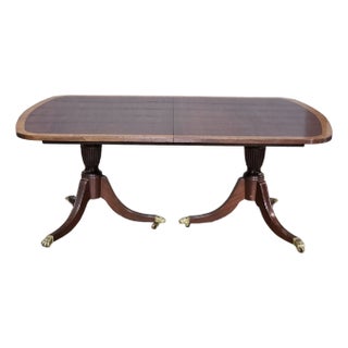 Ethan Allen Mahogany Two Pedestal Dining Table With 2 Leaves Satinwood Banding For Sale