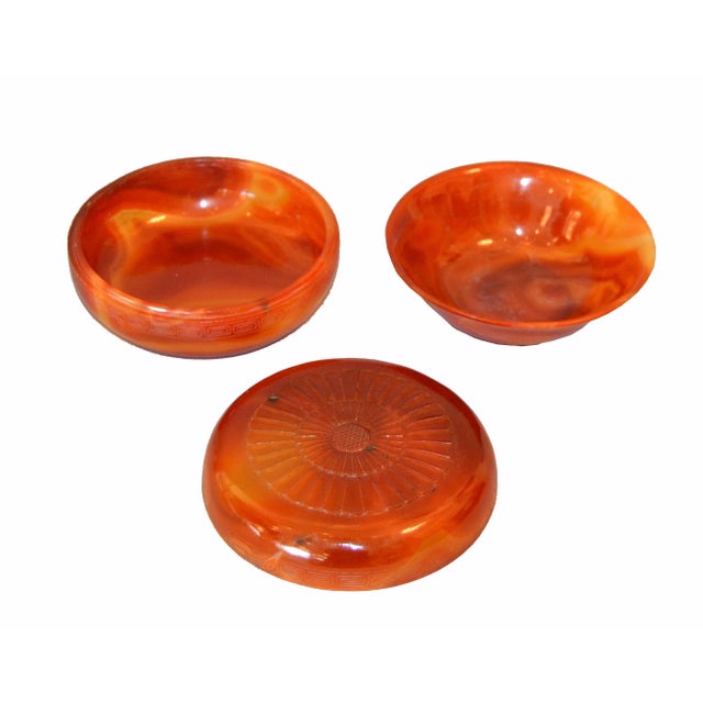 Decorative vintage set of carved stone agate box & bowl in amber color. Please not the stunning pattern of the stone and...