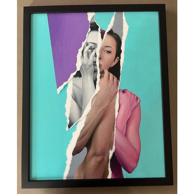 This artwork features a striking composition where a figure emerges from a torn, vibrant background, emphasizing the...